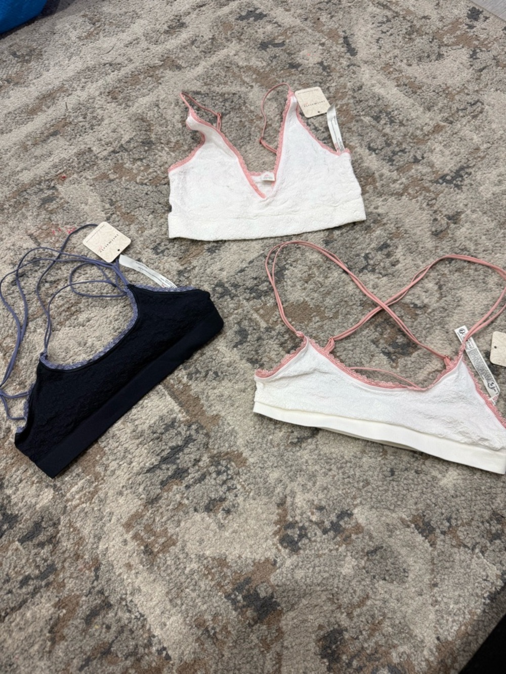 Free People 3 Lace-Trim Bralettes in White with Pink Trim & Navy - NWT XS/S